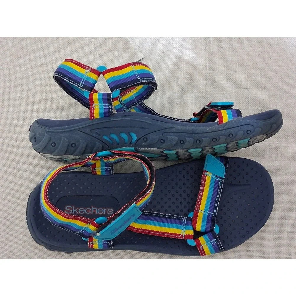 Skechers Kids Rainbow Striped Sport Sandals Navy Blue Strappy Adjustable